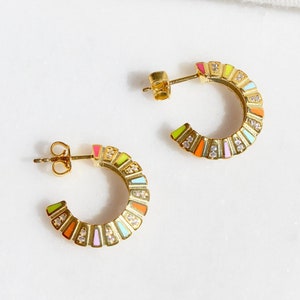 14K Gold Plated Colorful Enamel Hoop Earrings: Sterling Silver Open Hoops, Art Deco Design