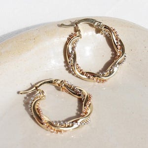 14K Solid Gold Twisted Hoop Earrings, Three Tone Tricolor Gold Braided Hoop Earrings, Ball Chain Twirl Spiral Hoop Earrings, Artisan Jewelry