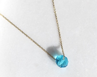 14K Solid Gold Blue Crystal Necklace, Turquoise Color Cubic Zirconia Pendant, December Birthstone Necklace, Dainty Gold Layering Jewelry