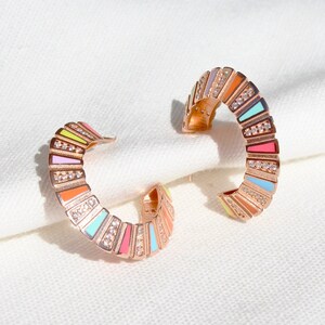 14K Vergoldete Bunte Emaille Creolen: Sterling Silber Creolen, Art Deco Design