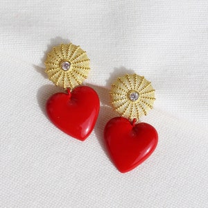14K Gold Plated Red Heart Dangle Earrings, Sterling Silver Heart Shaped Drop Earrings, Valentines Day Love Earrings, Anniversary Gift Idea