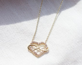 14K Solid Gold Verflochten Herz und Unendlichkeit Symbol Halskette, Eternity Eternal Love Anhänger, Infinite Love Layering Halskette, Geschenk für Sie