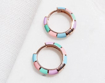 Sterling Silver Colorful Enamel Hoop Earrings, 14K Gold Plated Pastel Colored Huggie Earrings, Multicolor Colorful Striped Geometric Hoops