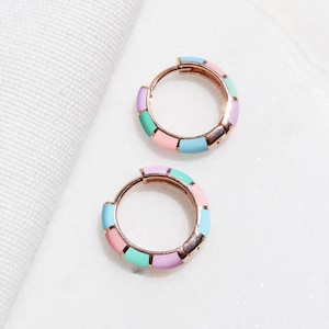 Sterling Silver Colorful Enamel Hoop Earrings, 14K Gold Plated Pastel Colored Huggie Earrings, Multicolor Colorful Striped Geometric Hoops