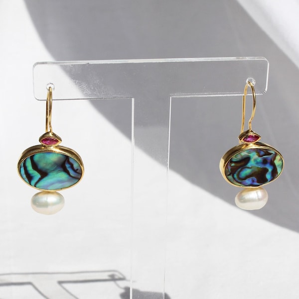 Pendientes colgantes de concha de abulón de Paua, pendientes de iridiscencia azul violeta y verde, pendientes de nácar oscuro hechos a mano, joyas de piedras preciosas naturales