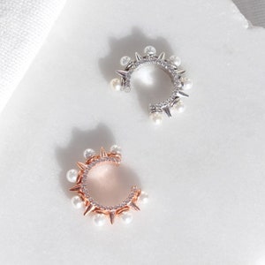 Gold Plated Pearl and Spike Ear Cuff, 925 Sterling Silver Stud and Spike Wrap Earrings, Pearl No-Piercing Earrings, Edgy Jewelry for Women