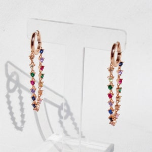 14K Gold Plated Colorful Hoop Earrings, Sterling Silver Multicolor Dangle Hoop Earrings, Rainbow Cubic Zirconia Earrings , Gift for Her
