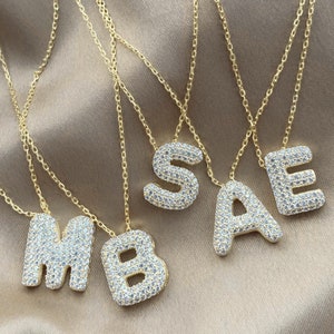 Collar con letra de burbuja pavé de circonita cúbica bañado en oro de 14 quilates, colgante con nombre inicial en forma de globo de plata esterlina, collar con letra abullonada, regalo personalizado