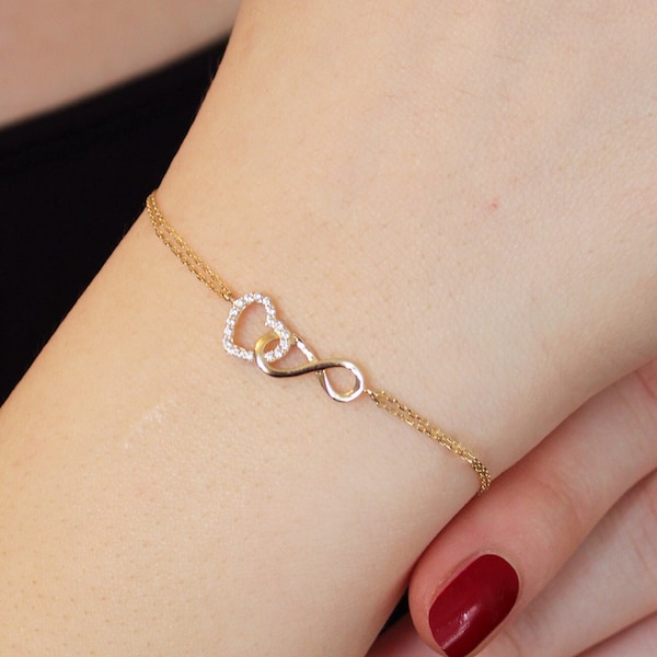 Pulsera de corazón entrelazado de oro macizo de 14K y símbolo infinito, pulsera de encanto de amor eterno de eternidad simple y delicada, regalo del día de San Valentín para ella