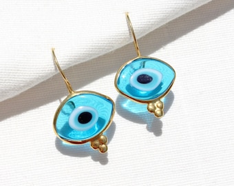 14K Gold Plated Evil Eye Glass Bead Drop Earrings, Organic Shaped Turkish Evil Eye Hook Earrings, Sterling Silver Nazar Protection Earrings
