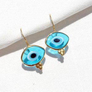 14K Gold Plated Evil Eye Glass Bead Drop Earrings, Organic Shaped Turkish Evil Eye Hook Earrings, Sterling Silver Nazar Protection Earrings