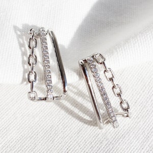 925 Sterling Silver Suspender Earrings, 14K Gold Plated Pave Chain Earlobe Wrap Earrings, Modern Edgy Cuff Earrings, Unique Gift for Her