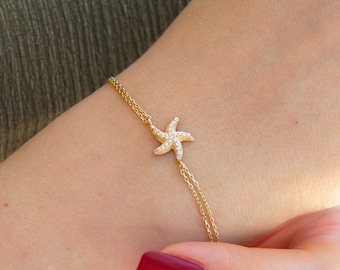 Pulsera de estrella de mar de oro macizo de 14 quilates: dije de estrella de mar con engaste pavé de circonitas, joyería náutica acuática