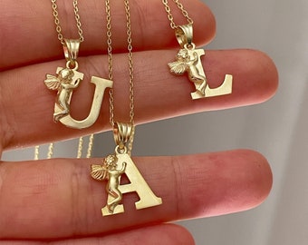 14K Gold Plated Angel Initial Pendant, Sterling Silver Eros Letter Monogram Necklace, Dainty Tiny Memorial Pendant, Personalized Custom Gift