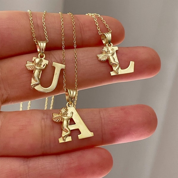 14K Gold Plated Angel Initial Pendant, Sterling Silver Eros Letter Monogram Necklace, Dainty Tiny Memorial Pendant, Personalized Custom Gift