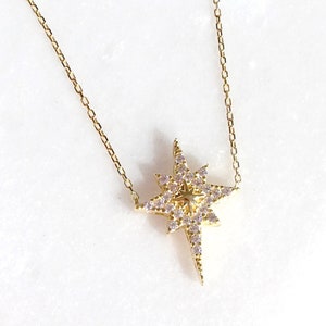 8K Solid Gold North Star Necklace, Dainty Polaris Pole Star Pendant, Minimalist Delicate Celestial Starburst Necklace, Elegant Gift for Her