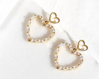 14K Gold Plated Baguette Heart Earrings, Sterling Silver Double Heart Dangle Earrings, CZ Pave Two Hearts Drop Earrings, Love Stud Earrings