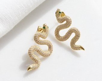 14K Gold Plated Snake Stud Earrings, Sterling Silver Large Slithering Snake Earrings, Serpent Reptile Statement Earrings, Goddess Earrings