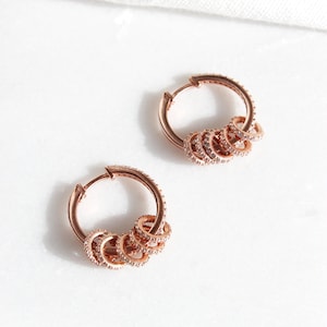 Rose Gold Plated Hoop Earrings with Sliding Rings, Unique Cubic Zirconia Pave Set Hoop Earrings, Sterling Silver Small Circle Charm Earrings image 1