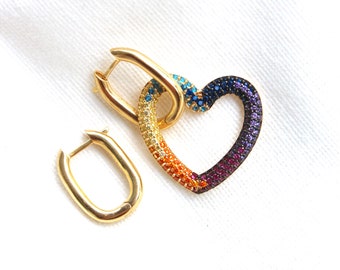 Colorful Mismatched Heart Hoop Earrings, Gold Plated Square Hoop Earrings, Asymmetric Heart Drop Earrings, Multicolor Rainbow Love Earrings