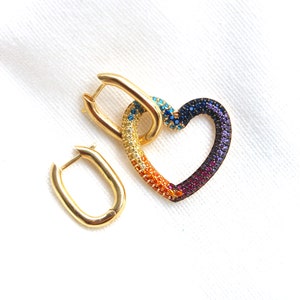 Gold Plated Mismatched Heart Hoop Earrings, Sterling Silver Square Hoop Earrings, Asymmetric Heart Dangle Earrings, Love Romantic Earrings Multicolor