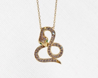 8K Solid Gold  Slithering Snake Necklace: Green Eyed Serpent Pendant, Medusa Goddess Jewelry