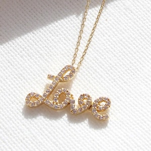 Solid 14K Yellow Gold Love Pendant Necklace, CZ Love Script