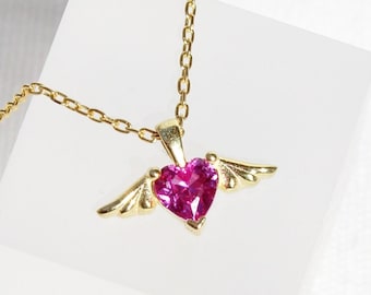 Collar de corazón con alas de ángel chapado en oro de 14 quilates: colgante de plata de ley, joyería de ángel de la guarda