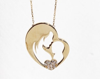 14K Solid Gold Mother Child Heart Necklace: Family Love Pendant, New Mom & Baby Necklace