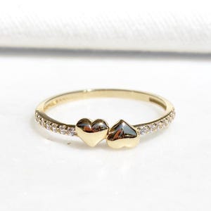 14K Solid Gold Double Heart Ring, Minimalist Two Hearts Stacking Ring, Dainty Thin Band Eternal Love Promise Ring, Anniversary Gift for Her