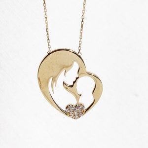 14K Solid Gold Mother Child Family Love Necklace, Mom and Baby Heart Layering Necklace, New Mama Newborn Baby Gift, Baby Shower Gift for Her