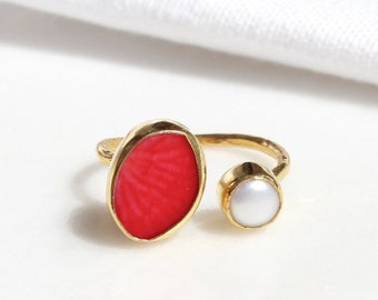 Red Coral Gemstone Adjustable Ring, Modern Unique Hammered Silver Ring, 14K Gold Plated Baroque Pearl Ring, Aries March Birthstone Jewelry