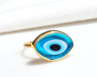 14K Gold Plated Evil Eye Glass Bead Ring, Organic Shaped Turkish Evil Eye Adjustable Ring, Sterling Silver Nazar Protection Statement Ring