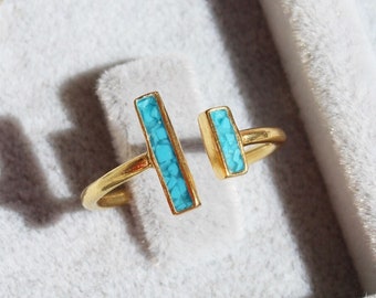 Mosaic Turquoise Double Bar Ring, Modern Two Bars Geometric Ring, Natural Blue Gemstone Ring, Handmade Adjustable Healing Crystal Ring