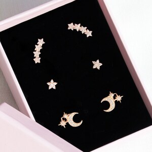 3 Pairs Sterling Silver Moon and Stars Stud Earrings, Rose Gold Plated Celestial Galaxy Earrings Set, Crescent Moon Shooting Star Earrings