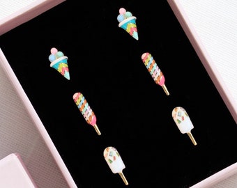 925 Sterling Silver Candy Stud Earrings, 3 Piece Enamel Ice Cream Stud Earrings Set, Rainbow Lollipop and Popsicle Earrings, Gift for Teens