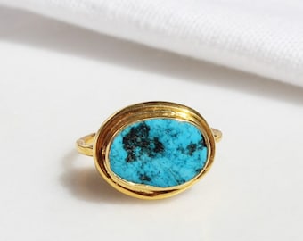 Gold Plated Raw Turquoise Ring, Natural Blue Gemstone Ring, Handmade Healing Crystal Ring, Adjustable Sagittarius December Birthstone Ring