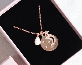 14K Rose Gold Plated Crescent Moon and Stars Necklace, 925 Sterling Silver Celestial Constellation Pearl Pendant, Galaxy Space Lover Gift