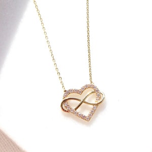 14K Solid Gold Intertwined Heart and Infinity Symbol Necklace, Eternity Eternal Love Pendant, Infinite Love Layering Necklace, Gift for Her image 3