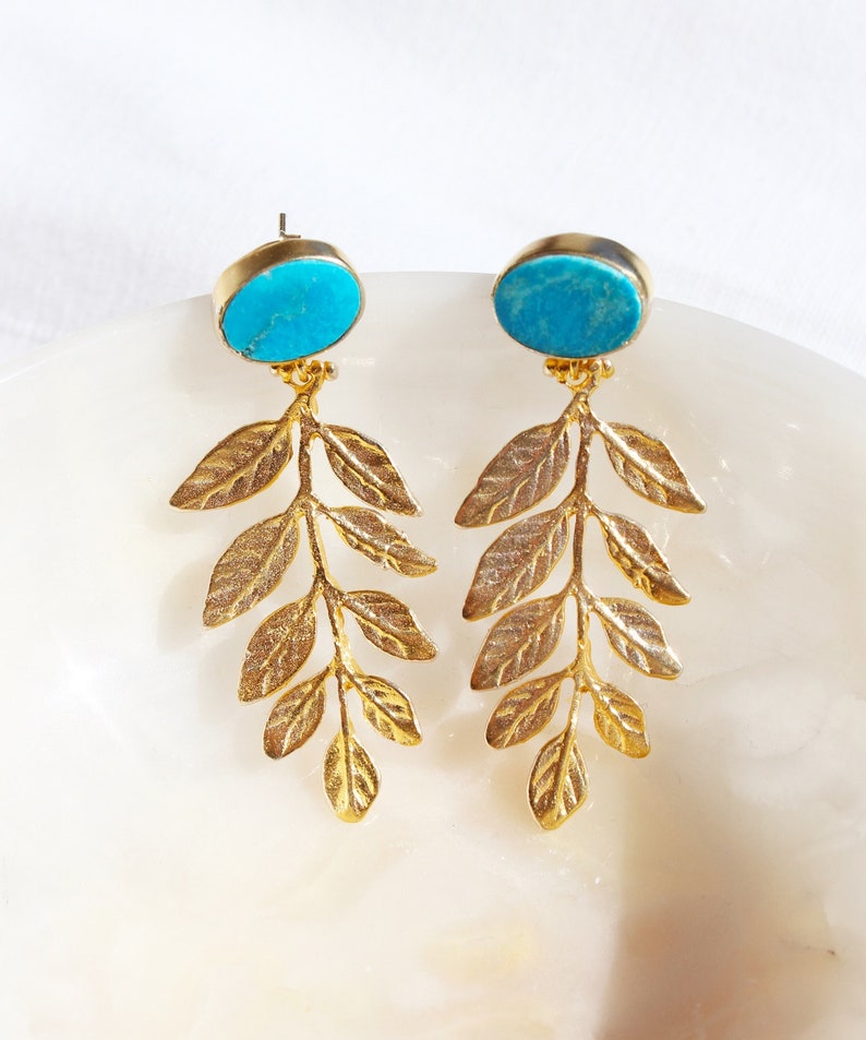 Natural Raw Turquoise Leaf Dangle Earrings, Gold Plated Leaves Botanical Floral Drop Earrings, Artisan Designer Olive Branch Stud Earrings image 4
