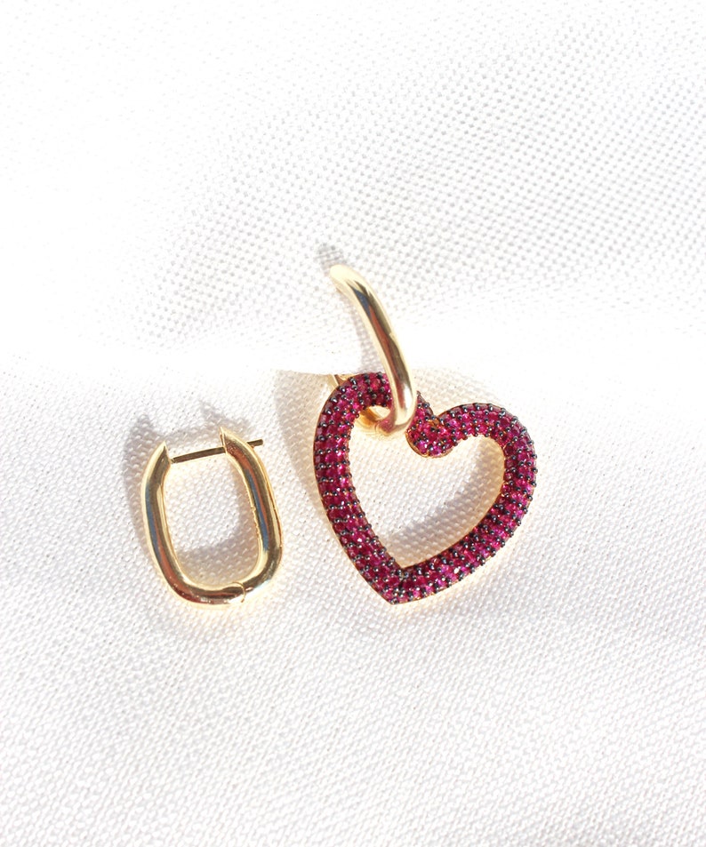 Gold Plated Mismatched Heart Hoop Earrings, Sterling Silver Square Hoop Earrings, Asymmetric Heart Dangle Earrings, Love Romantic Earrings Pink