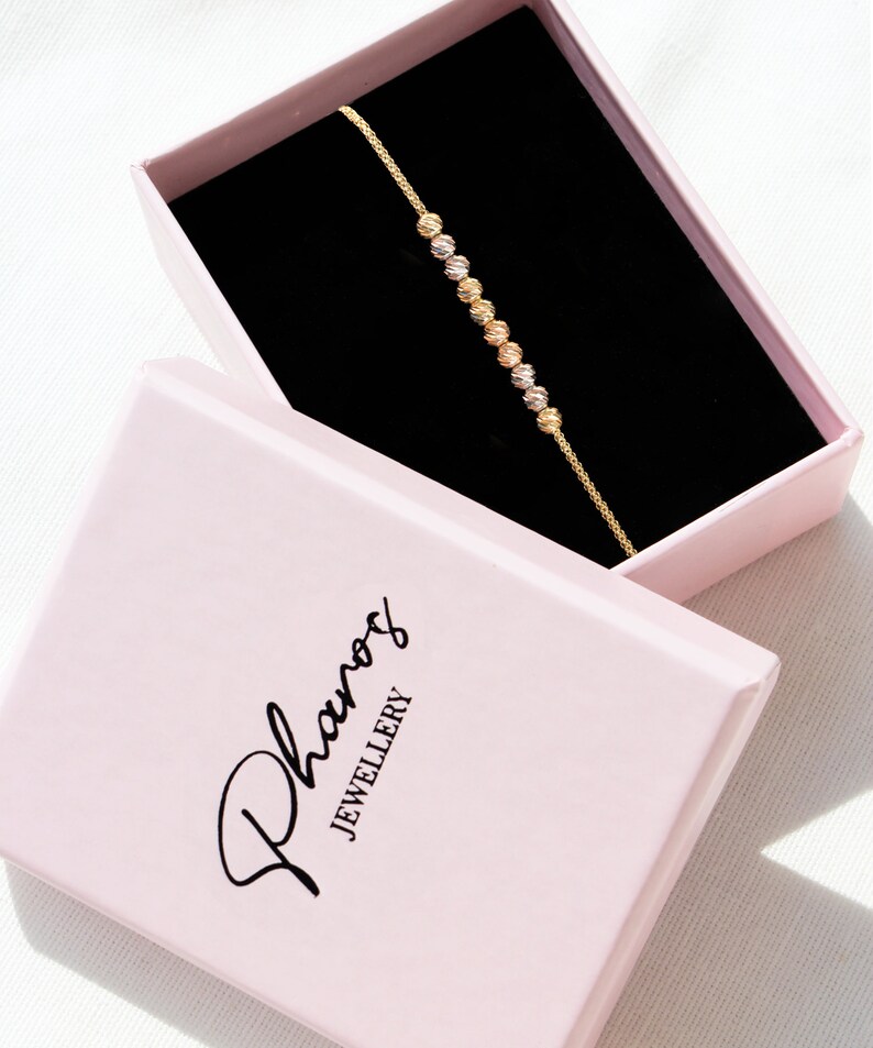 Pulsera satélite de cuentas dóricas de oro macizo de 14 quilates: cadena de palomitas de maíz bicolor tricolor imagen 8