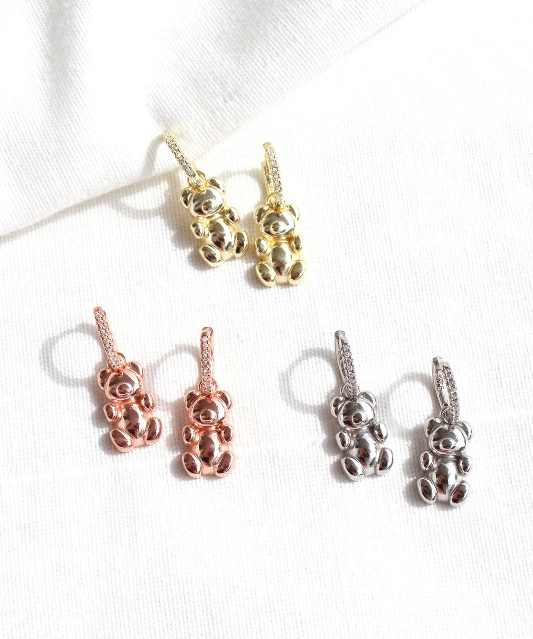 14K Gold Plated Teddy Bear Charm Earrings Sterling Silver - Etsy