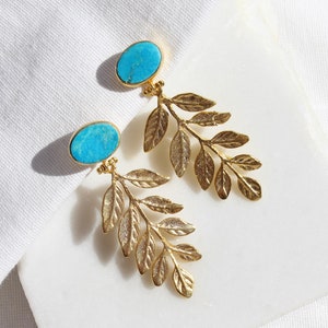 Natural Raw Turquoise Leaf Dangle Earrings, Gold Plated Leaves Botanical Floral Drop Earrings, Artisan Designer Olive Branch Stud Earrings image 1