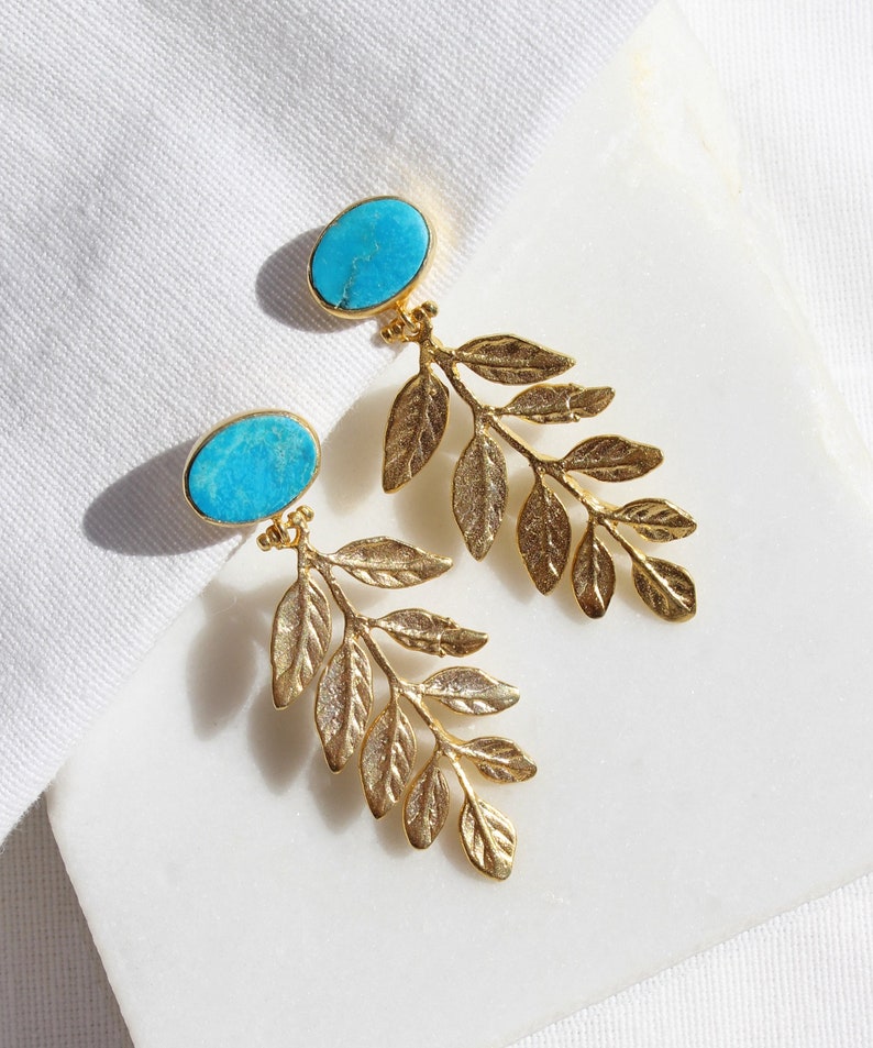 Natural Raw Turquoise Leaf Dangle Earrings, Gold Plated Leaves Botanical Floral Drop Earrings, Artisan Designer Olive Branch Stud Earrings image 1