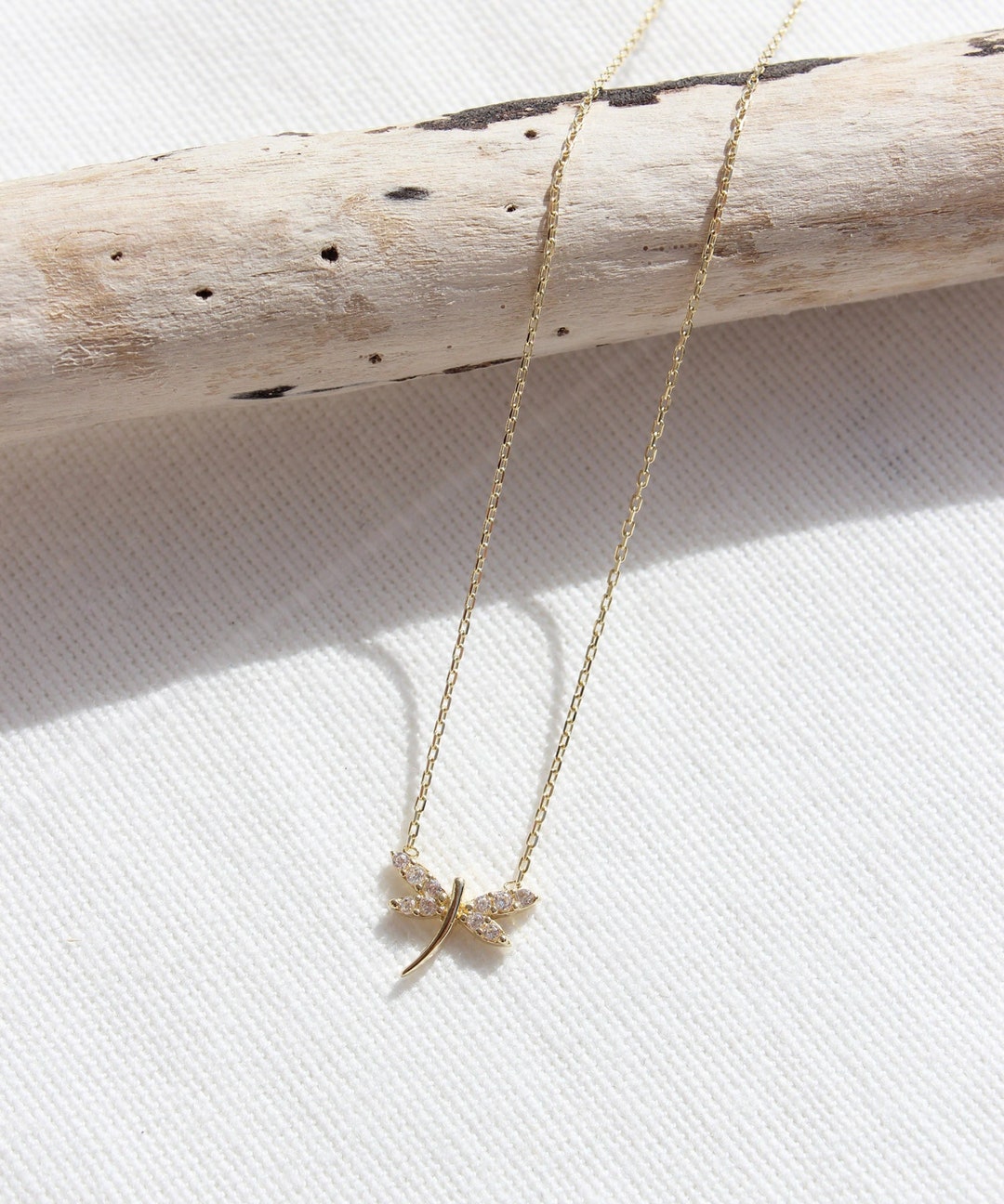 14K Solid Gold Dragonfly Necklace, 8K Gold Dainty Butterfly Pendant, Minimalist Dragonfly Charm