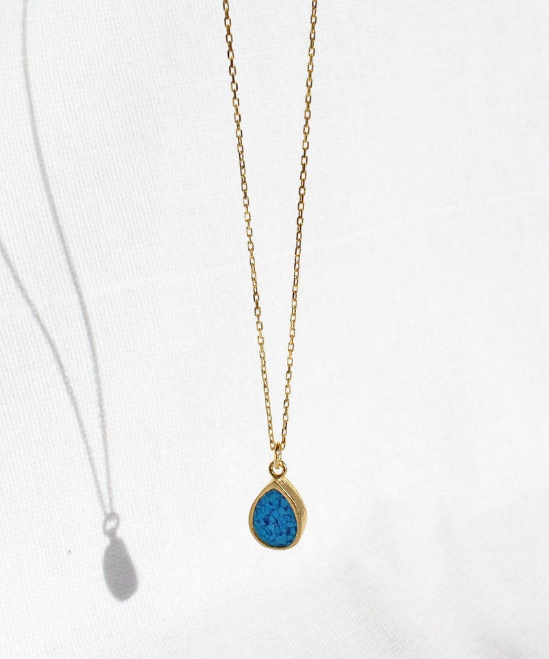 Mosaic Turquoise Teardrop Necklace, Sterling Silver Raw Turquoise Drop Necklace, 14K Gold Plated Blue Gemstone Pendant, Dainty Gift for Her image 2