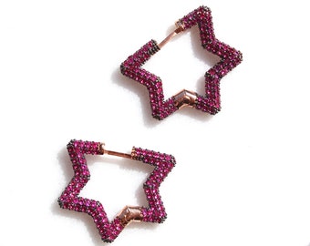Pink Star Hoop Earrings, Sterling Silver Star Shaped Earrings, Rose Gold Plated Huggie Earring, Cubic Zirconia Pave Hoops, Celestial Jewelry