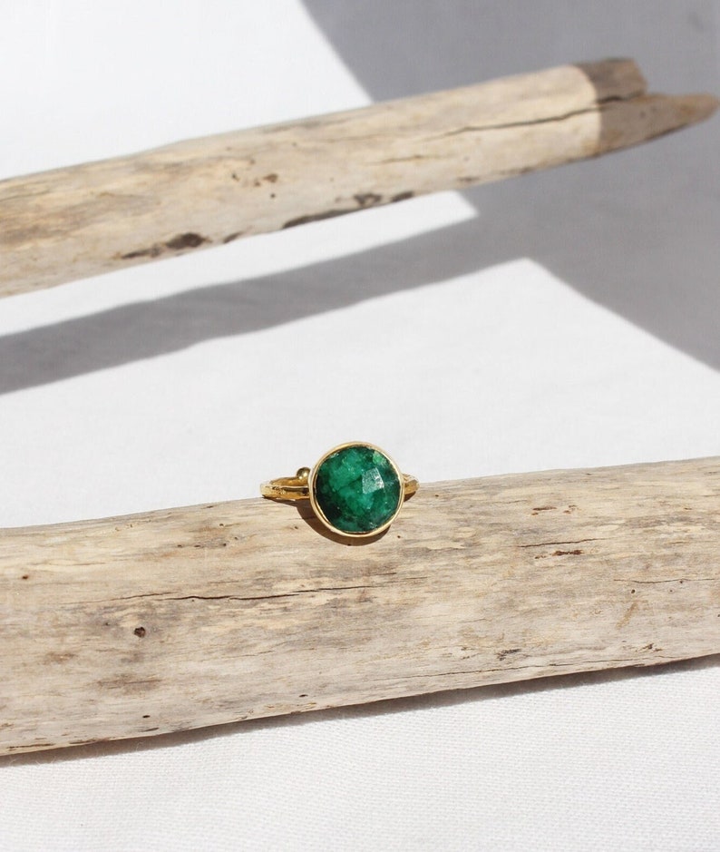 Gold Plated Raw Emerald Ring, May Birthstone Ring, Boho Adjustable Stacking Ring, Circle Round Stone Ring, Modern Geometric Jewelry, image 1