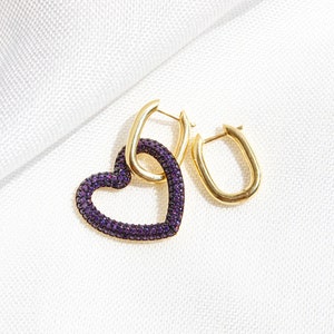 Gold Plated Mismatched Heart Hoop Earrings, Sterling Silver Square Hoop Earrings, Asymmetric Heart Dangle Earrings, Love Romantic Earrings Purple